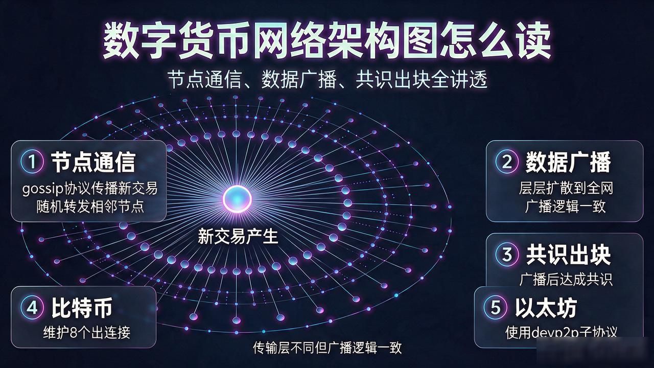 数字货币网络架构图怎么读,节点通信、数据广播、共识出块全讲透